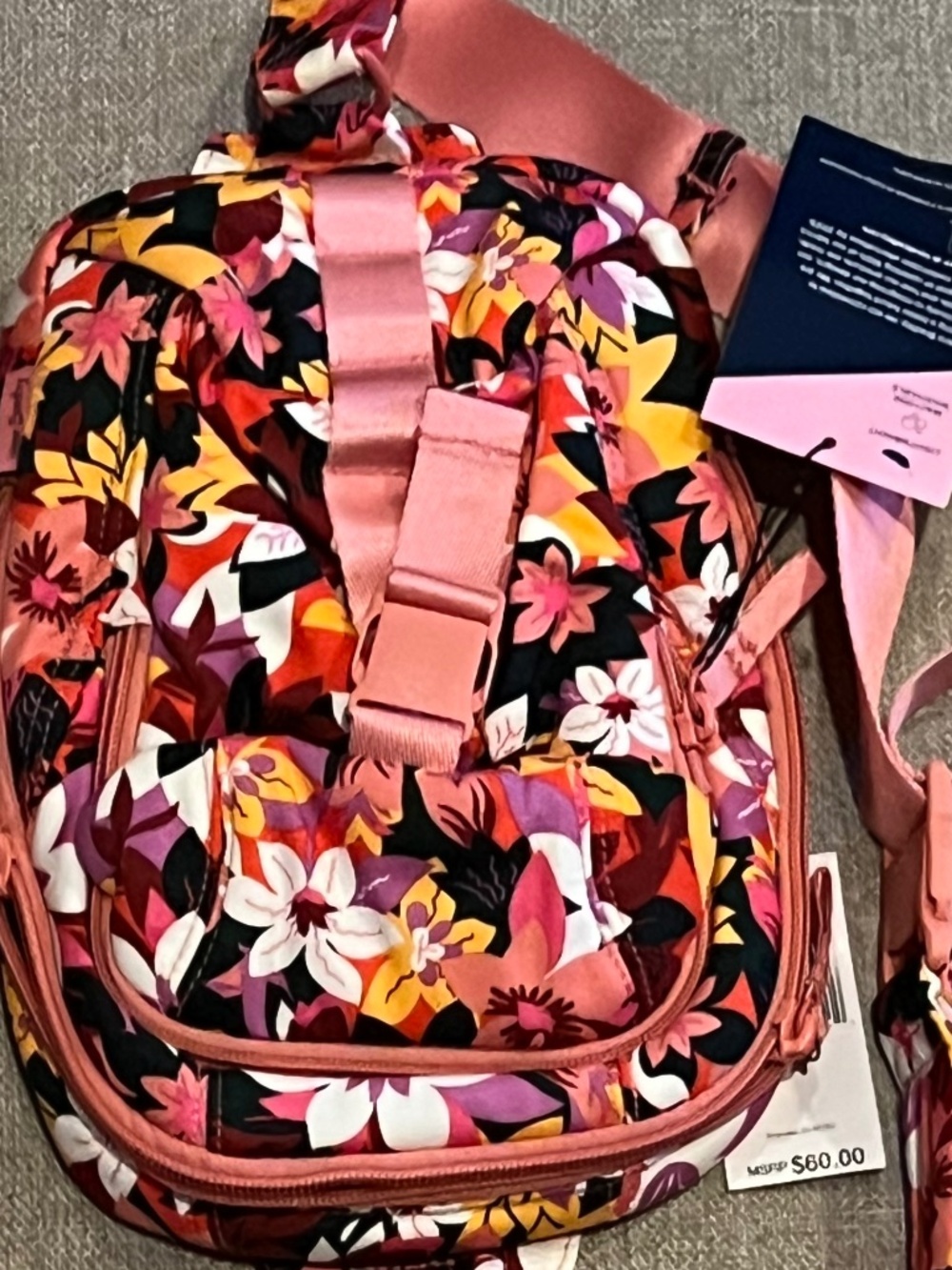 Vera Bradley Utility Sling Backpack Rosa Floral Pattern Zip & Flap Pocket Buckle - Picture 3 of 8
